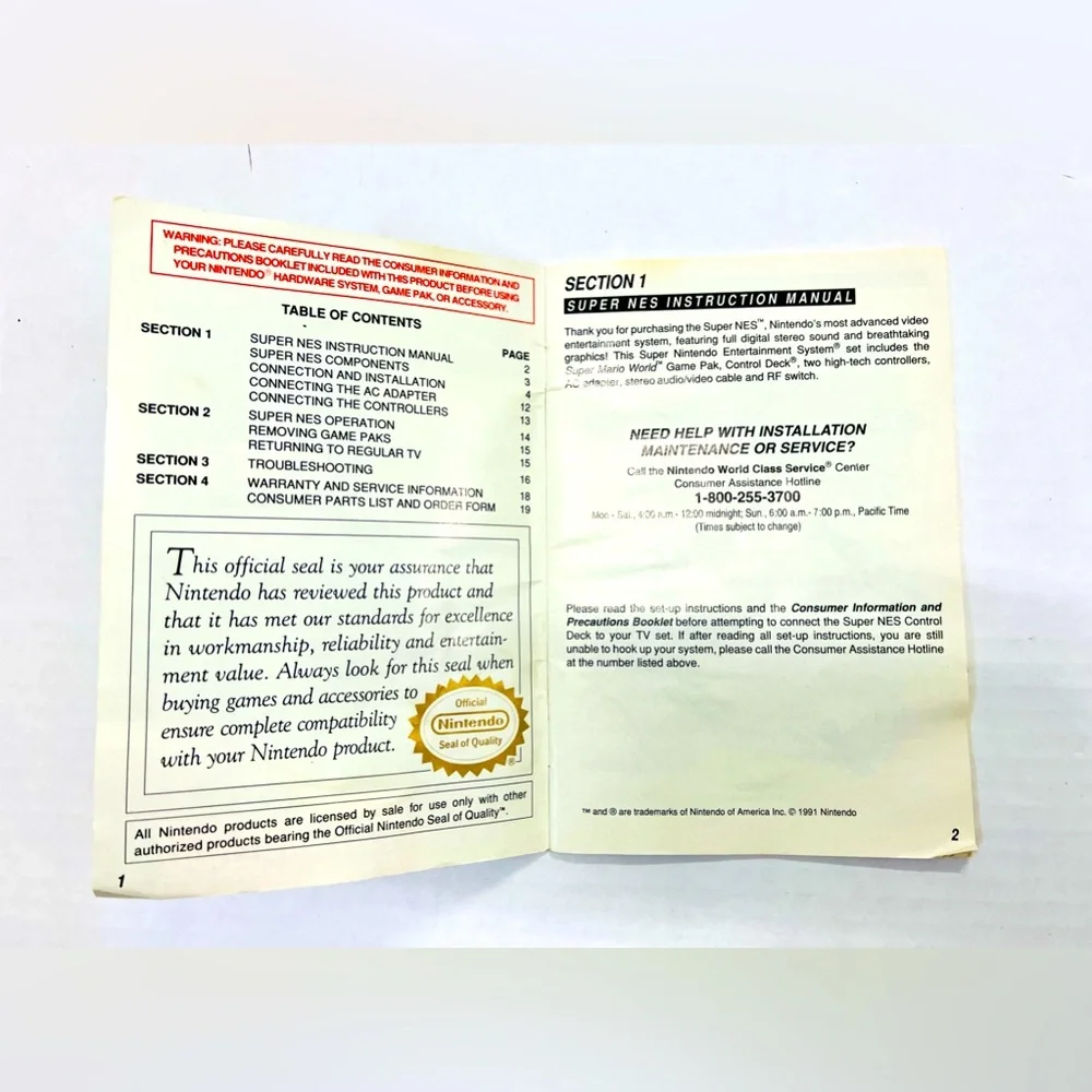 1991 NINTENDO SNES Instruction Manual.
